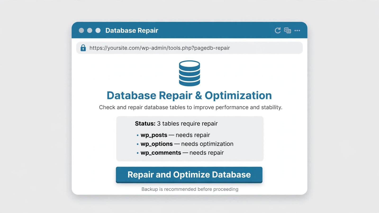How to Fix "Error Establishing a Database Connection" in WordPress 4 WordPress database repair page with Repair and Optimize Database button