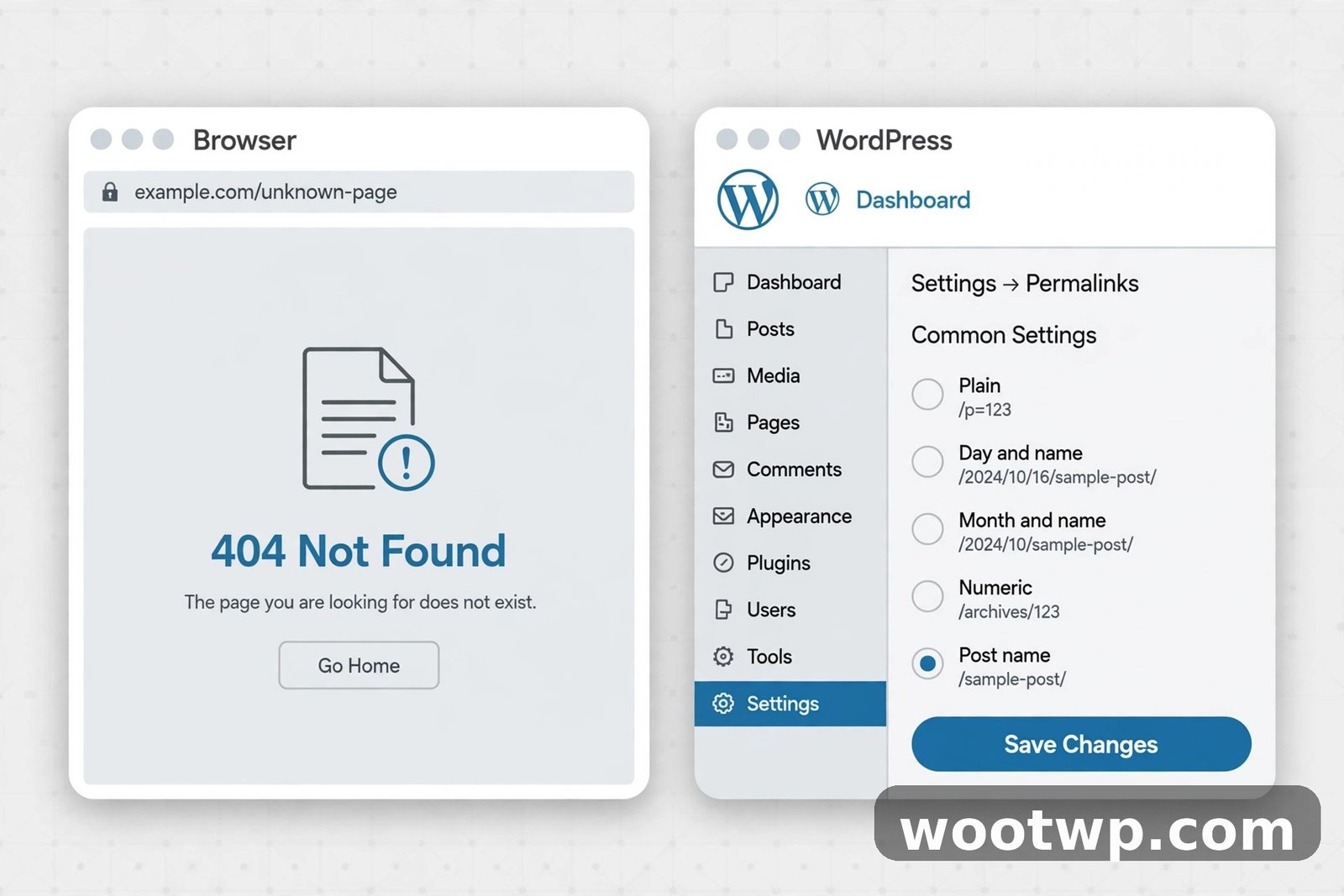 How to Fix 404 Error in WordPress (9 Proven Fixes) 2 Browser showing a 404 Not Found page next to WordPress Settings → Permalinks screen with Save Changes button