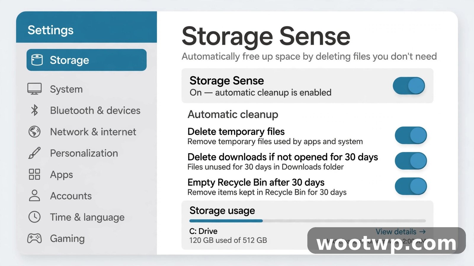 How to Free Up Disk Space on Windows 11: 9 Proven Fixes 2 Windows 11 Storage Sense settings for automatic cleanup