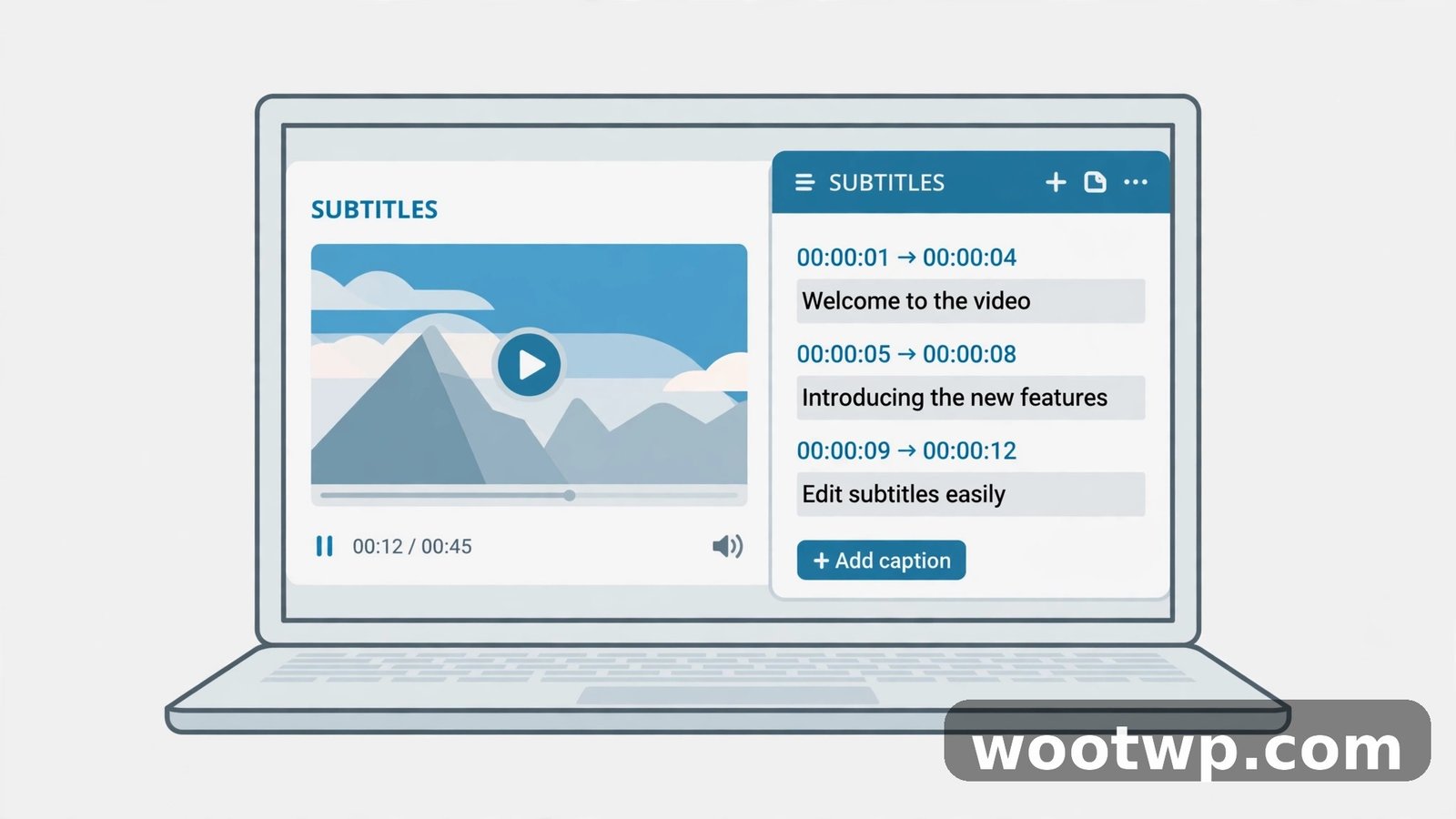 Laptop showing a subtitle editor with timed caption lines for adding captions to video for free