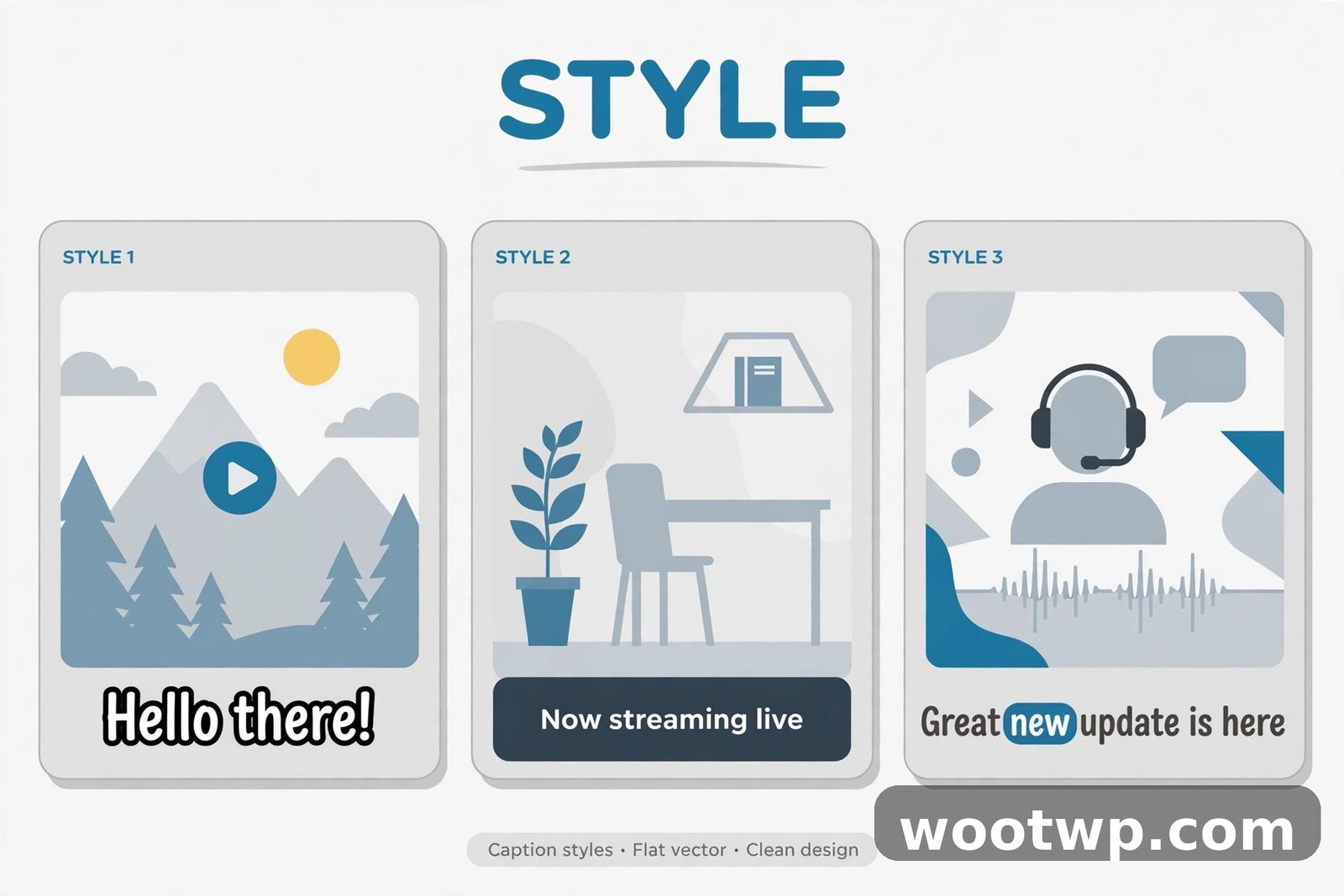 Three video frames comparing caption styles: outlined text, dark bar, and word highlight
