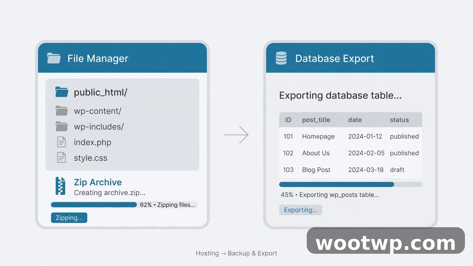 Manual WordPress backup via file manager and database export