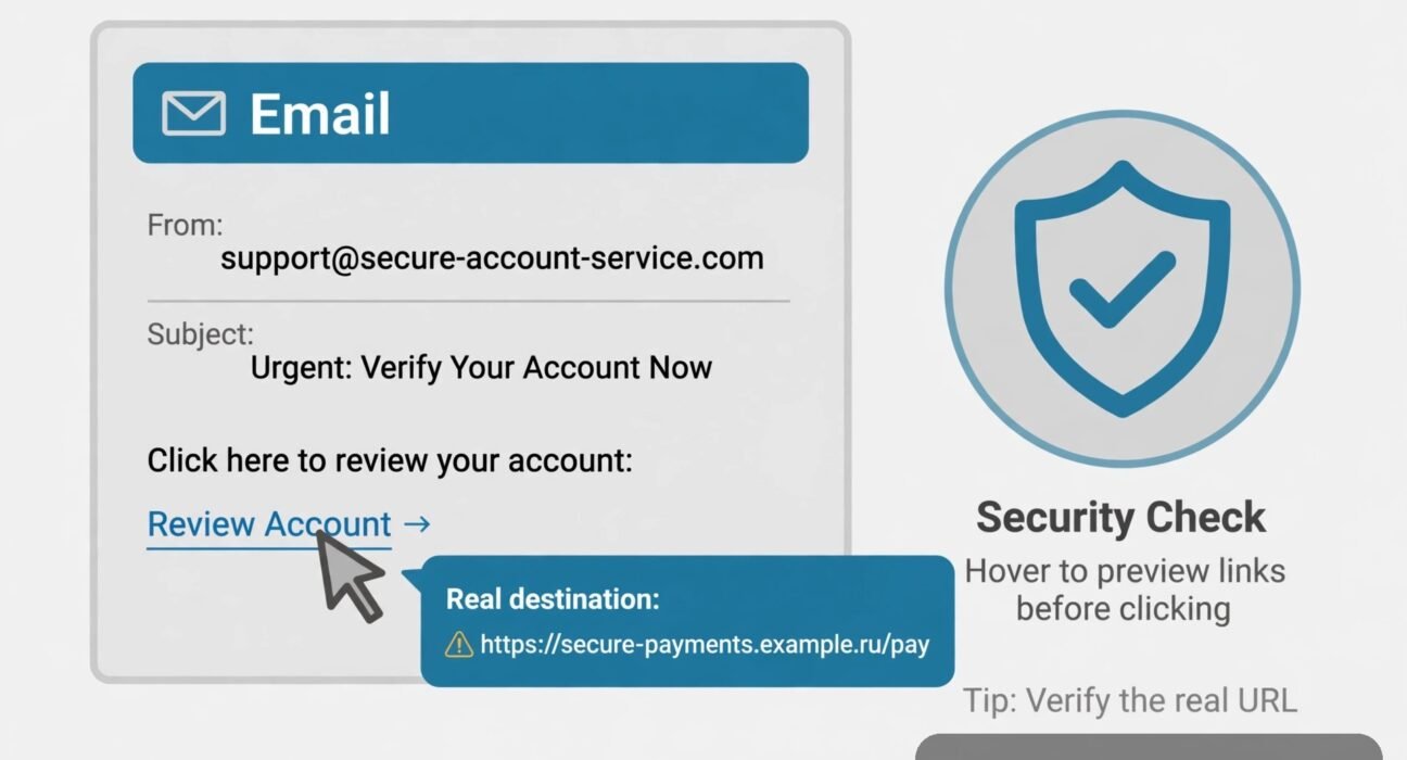 How to check if a link is safe before clicking - vector illustration of a cursor inspecting a URL
