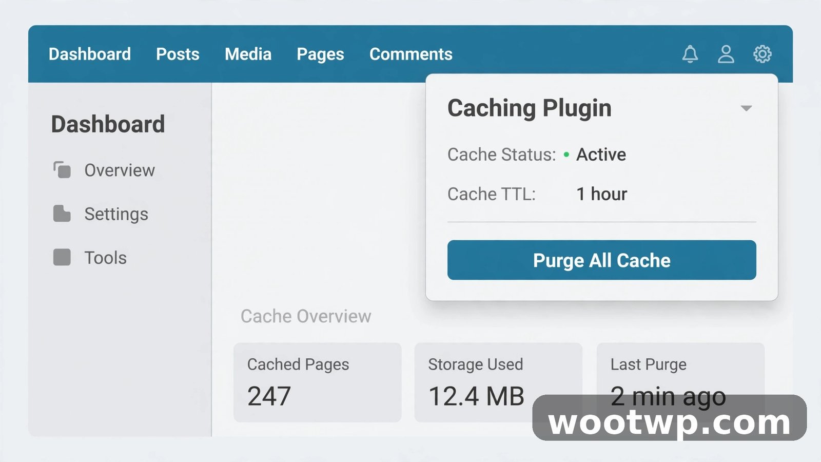 WordPress admin bar with a caching plugin Purge All menu to clear WordPress cache