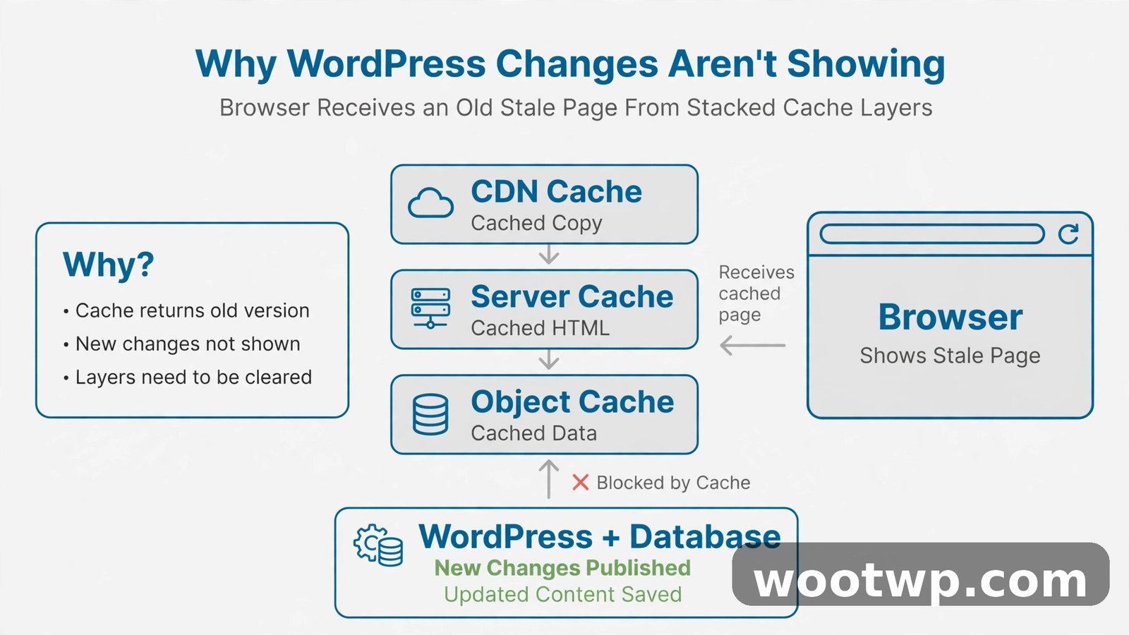 Diagram of the four WordPress cache layers: plugin, server, CDN, and browser