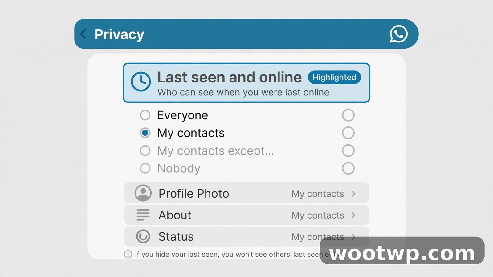 WhatsApp privacy menu with Last seen and online highlighted