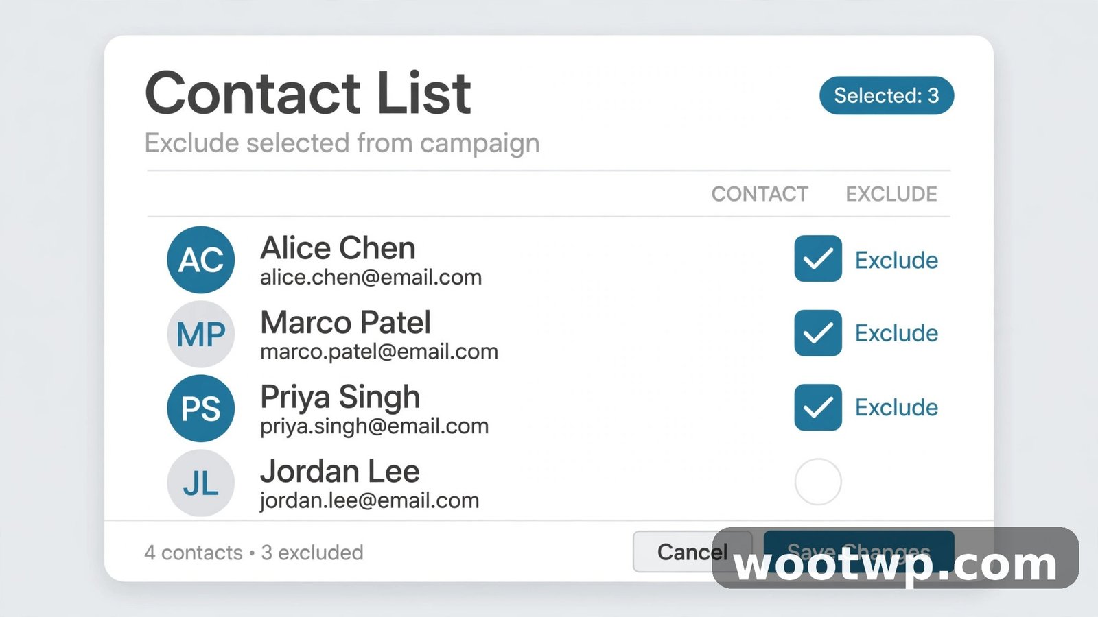 Contact list with selected contacts ticked for exclusion on WhatsApp