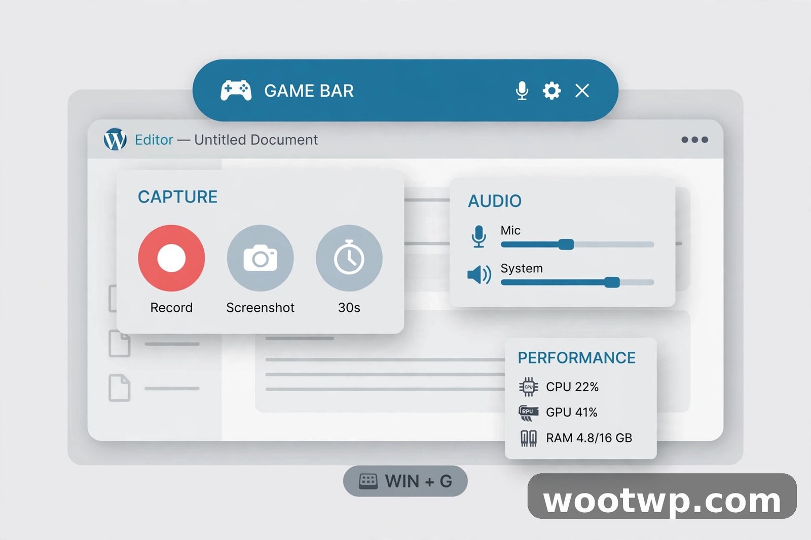 Xbox Game Bar capture widgets floating over an app window for recording screen on Windows 11 without software