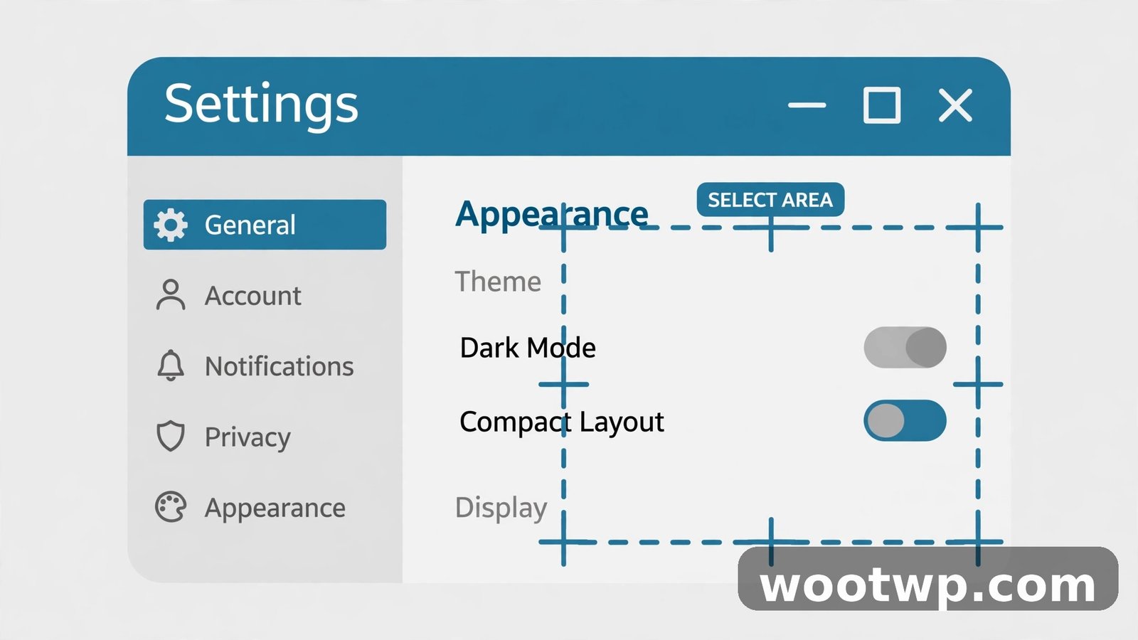 Snipping Tool selection rectangle drawn over a settings window for region recording