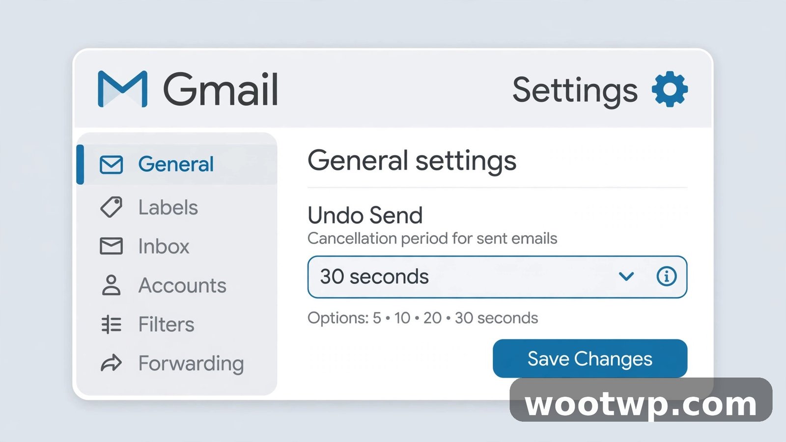 Gmail settings panel with Undo Send set to 30 seconds