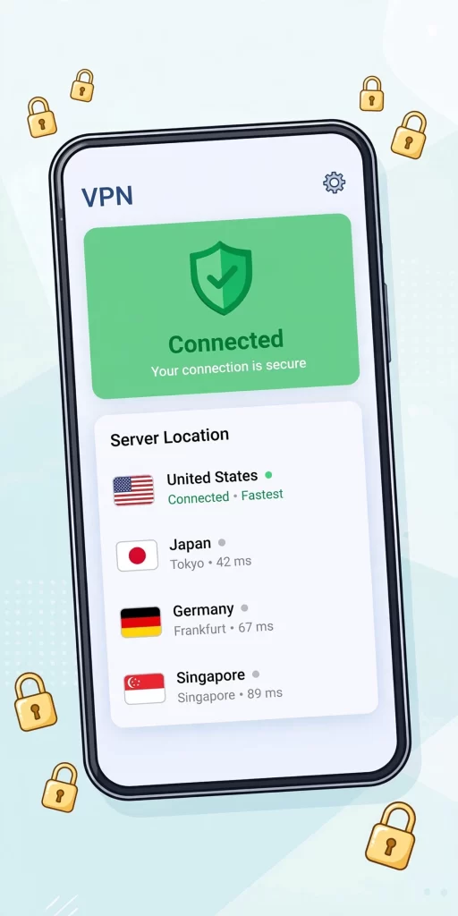 VPN app connected to fastest server