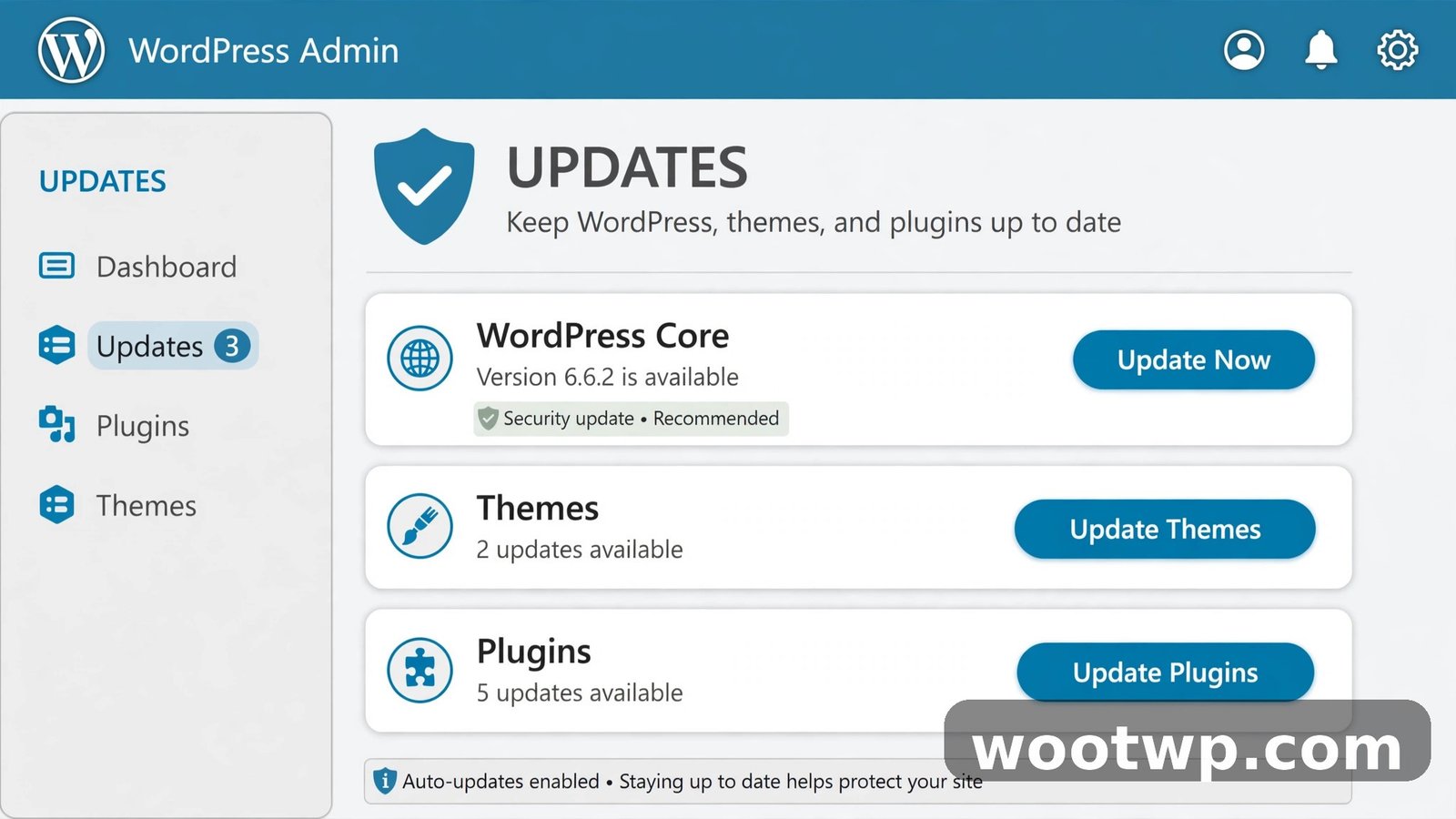 How to Secure a WordPress Website: 9 Proven Steps for 2026 2 WordPress updates screen with security shield - keep WordPress updated to secure your website