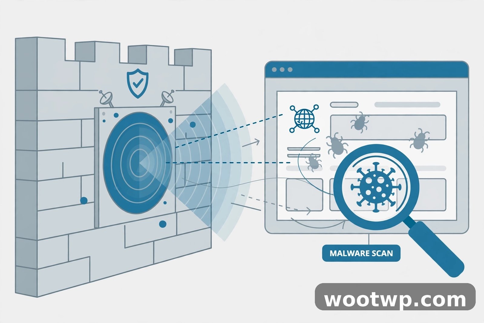 How to Secure a WordPress Website: 9 Proven Steps for 2026 5 Malware scan and firewall monitoring illustration for WordPress security