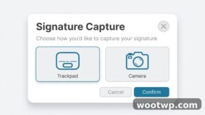 Mac Preview signature capture window with trackpad and camera options