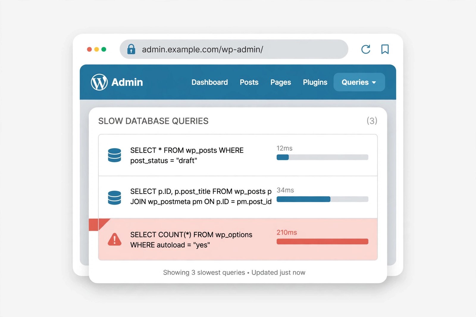 How to Speed Up WordPress Admin Dashboard (11 Fixes) 5 Query Monitor showing slow database queries in WordPress admin