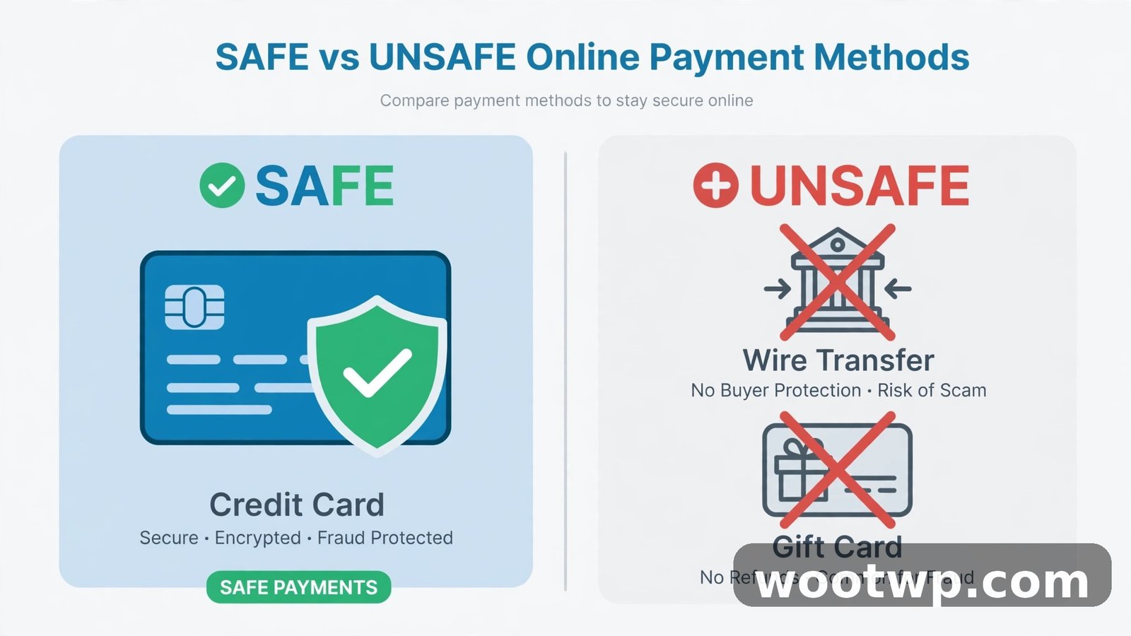 Safe versus unsafe online payment methods comparison illustration