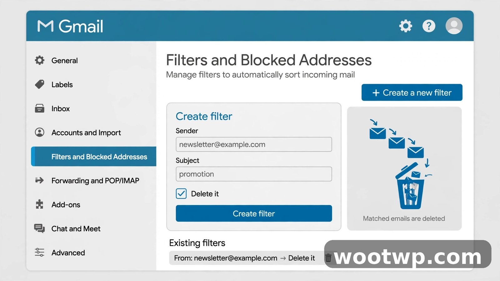 Illustration of Gmail filter settings for auto-deleting spam